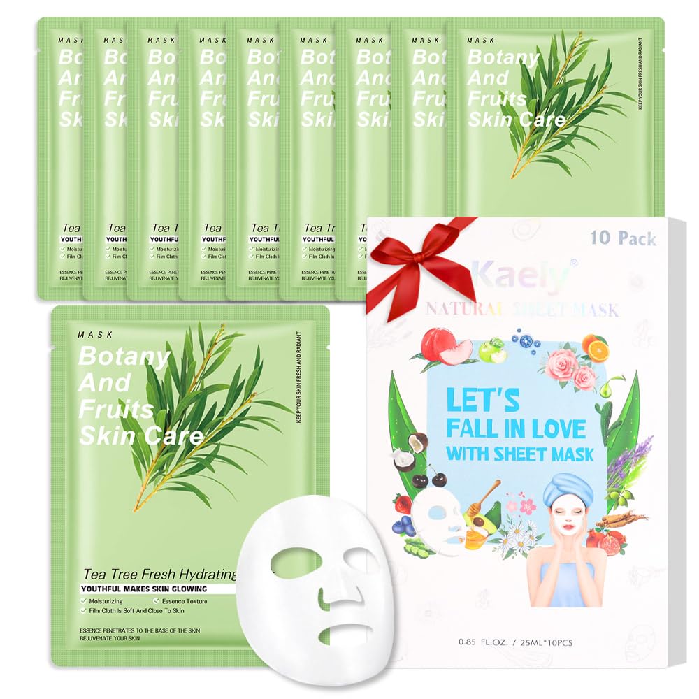 Kaely 10 Pack Tea Tree Sheet Masks,Hydrating Smoothing Face Masks For Women Men,Facial Mask Skin Care Korean,Moisturize,Brighten