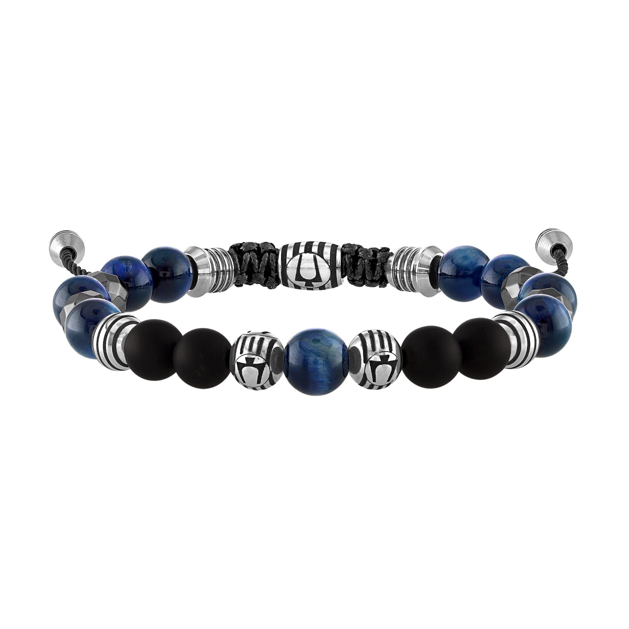 Bulova Jewelry Mens Classic Beaded BlueTiger Eye, Black Onyx, Striped Stainless Steel Beads and Hematite Pyrite Spheres Bolo Br