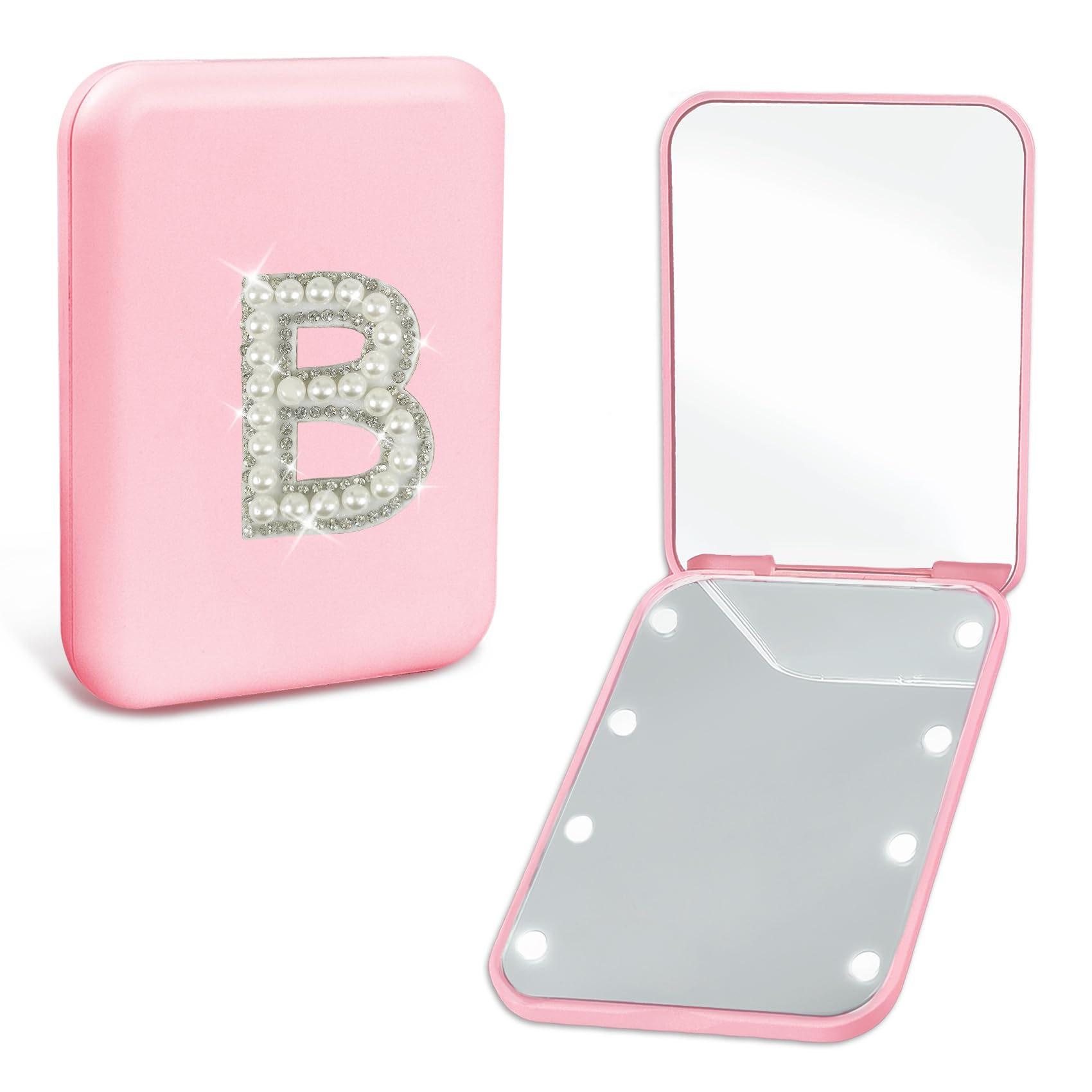Aganmi Travel Essentials Accessories Mini Makeup Mirror With Lights Pearl Initial 1X/2X Magnification Led Compact Mirror For Pur