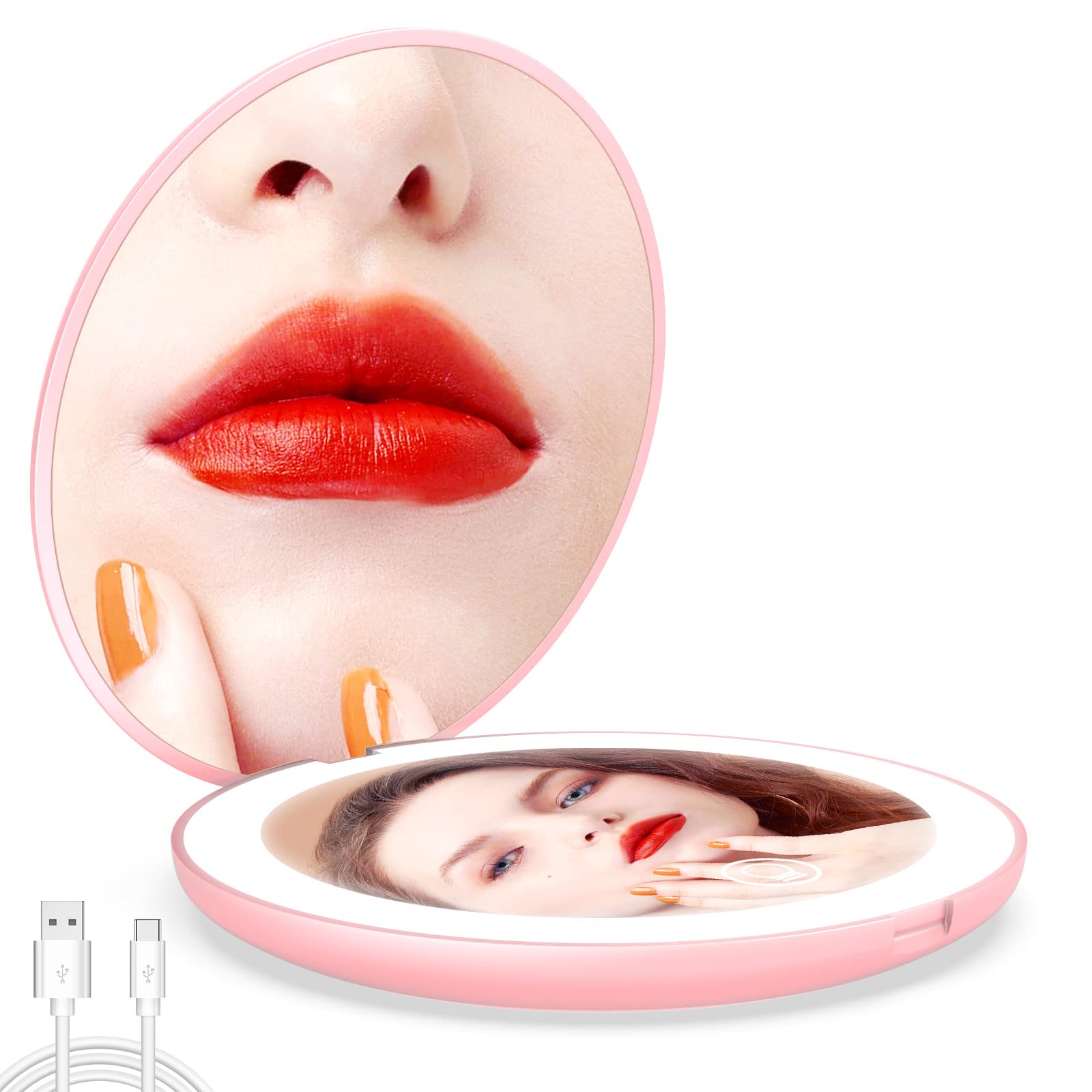 Wobsion Rechargeable Compact Mirror, 1X/10X Magnification, Dimmable, Portable, Leds, 4In Handheld, Pink