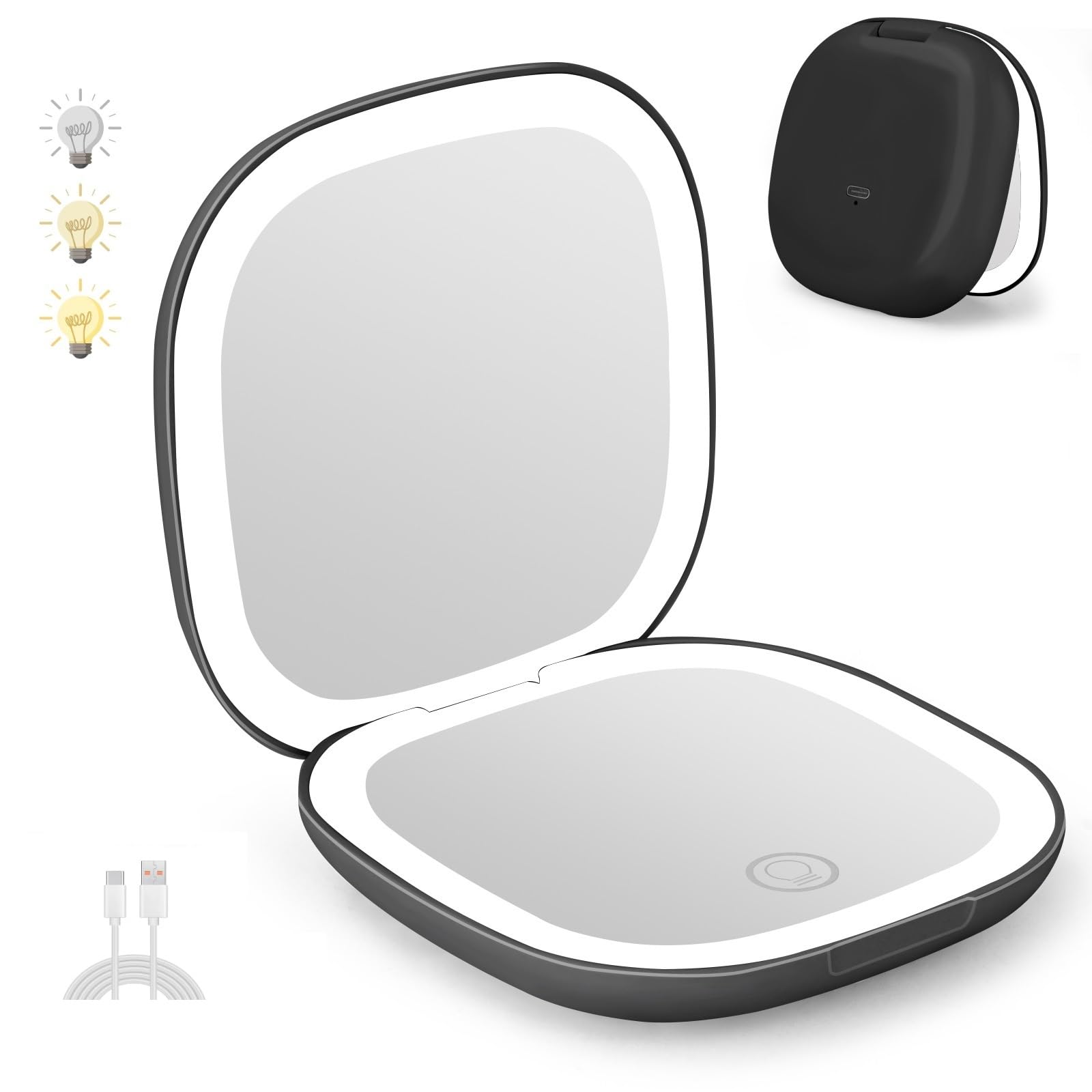 Infitrans Rechargeable Pocket Mirror, 1X/5X Magnification Led Compact Travel Makeup Mirror With Light In 3 Colors Mode, Purse Mi
