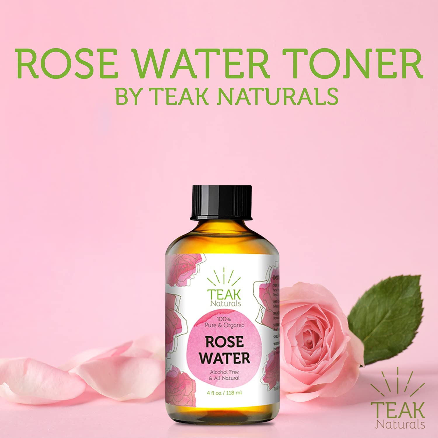 Rose Water Toner By Teak Naturals, 100% Organic Natural Moroccan Rosewater (Chemical Free) 4 Oz