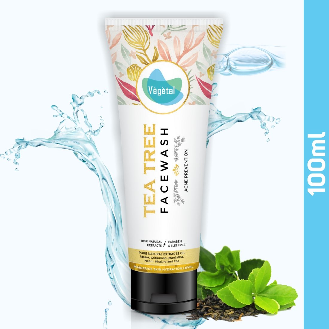 Vegetal Tea Tree Face Wash Made Of 100% Natural Extracts Of Green Tea, Neem, Manjistha, & Khajoor Anti Acne, Oil Control, Free