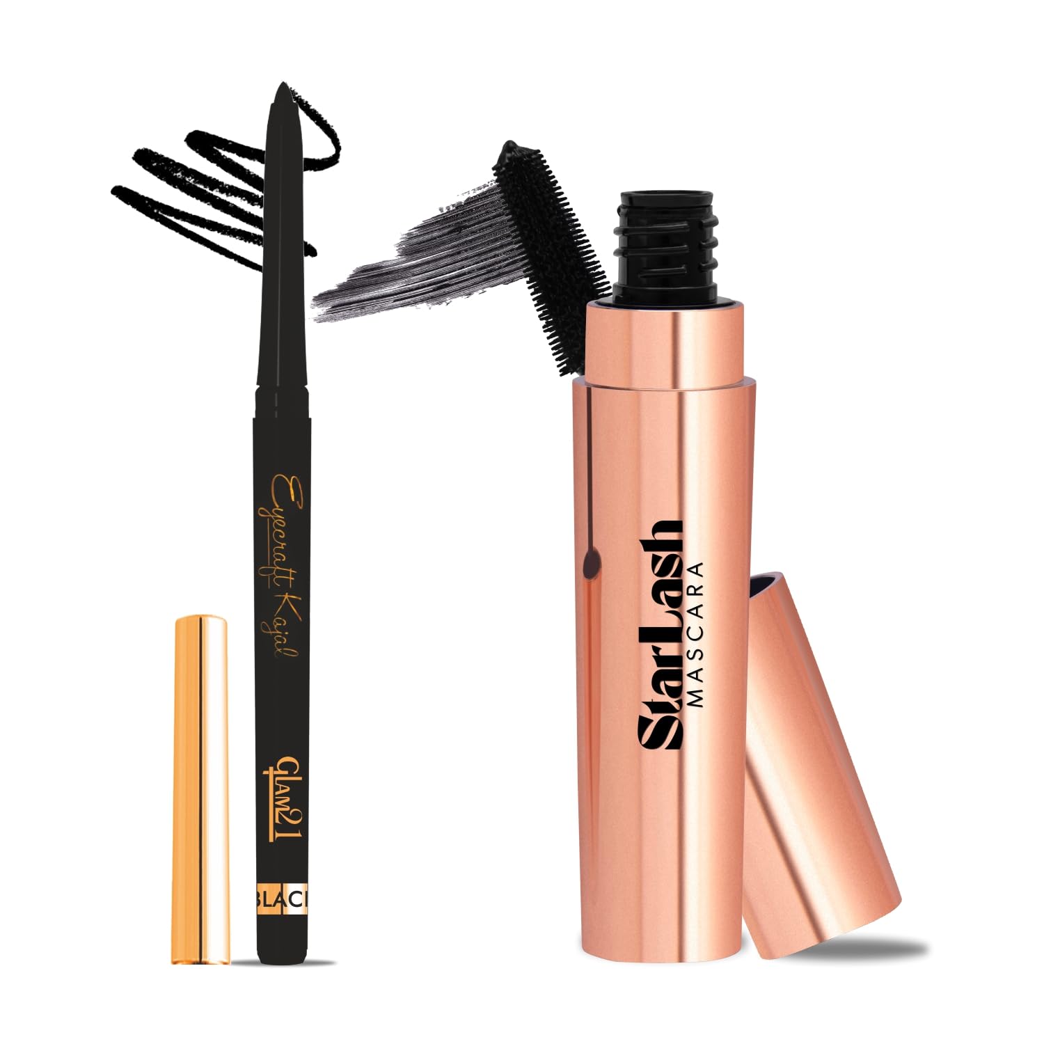 Glam21 Eye Makeup Combo: Star Lash Waterproof Mascara 10Ml & Eyecraft Kajal Eyeliner Pencil 0.25Gm | Intense Black, Smudgeproof,