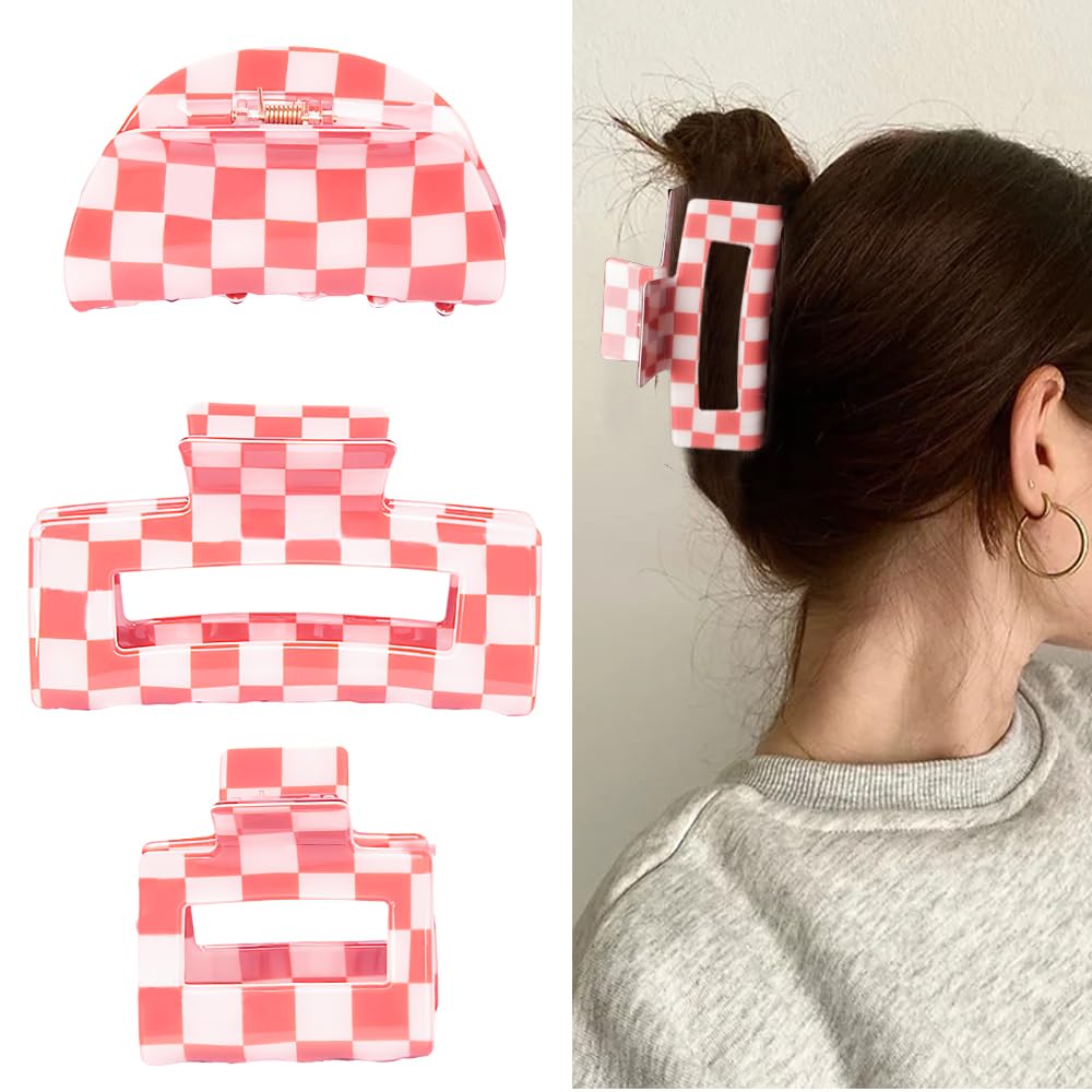 Bmobuo Pink & White Checkered Hair Clips (3 Count) - Vintage Aesthetic Y2K Hair Accessories for Women Girls, Claw Clips for Thic