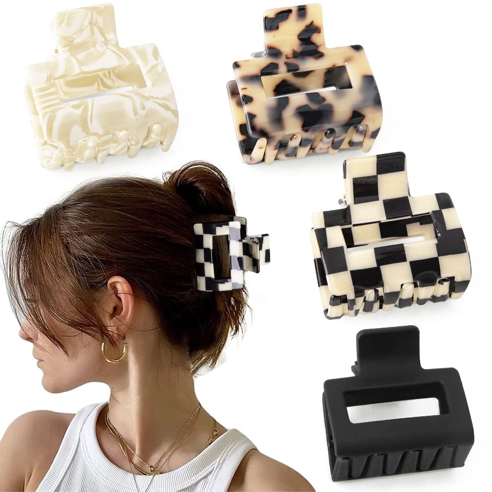 Bmobuo Checkered Tortoise Hair Clips for Women - 4Pcs 2'' Small Acetate Claw Barrettes for Thick & Thin Hair