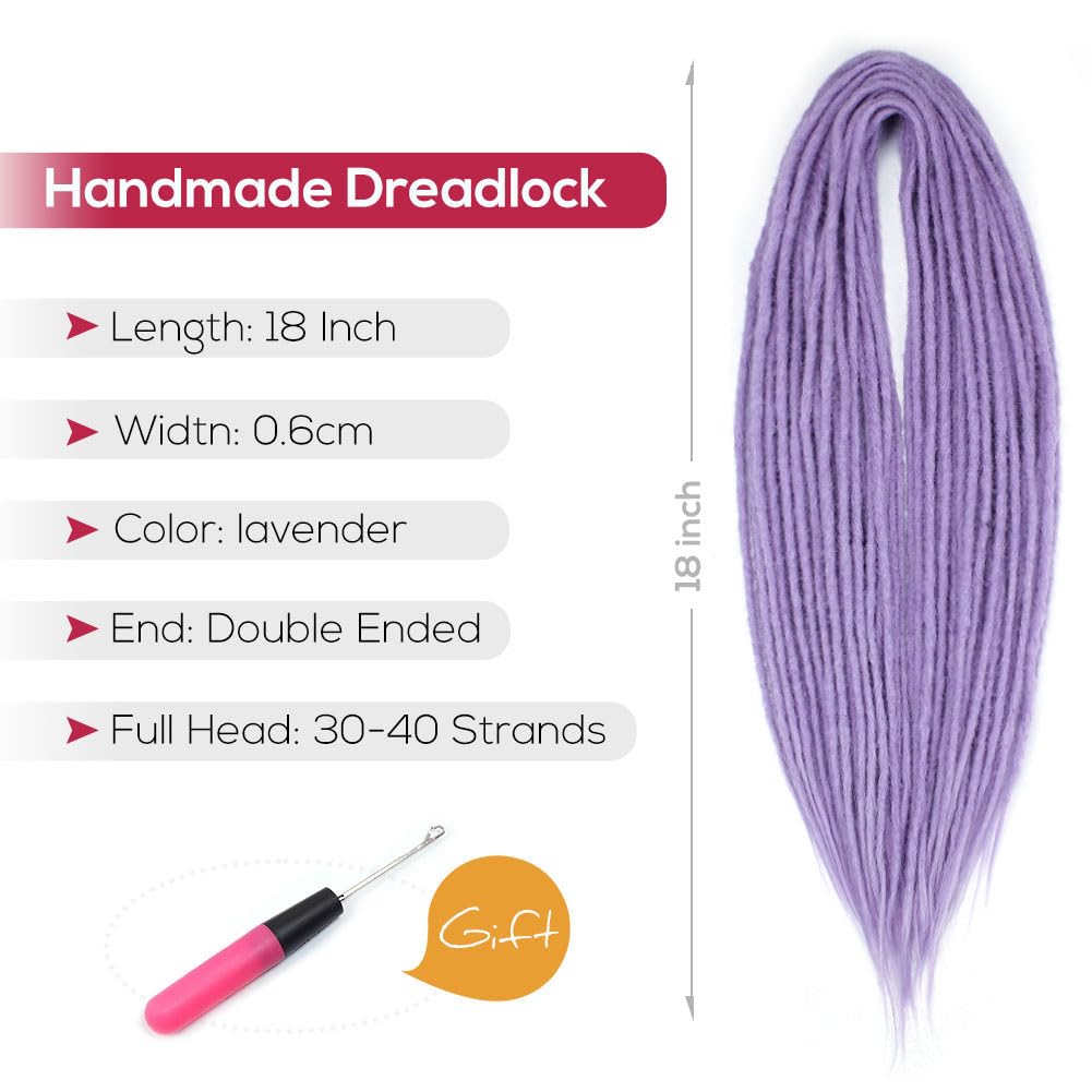 18 Inch Lavender Purple Double Ended Dreadlock Extensions, 20 Strands Handmade Synthetic DE Dreads Extensions, Thin 0.6cm Width
