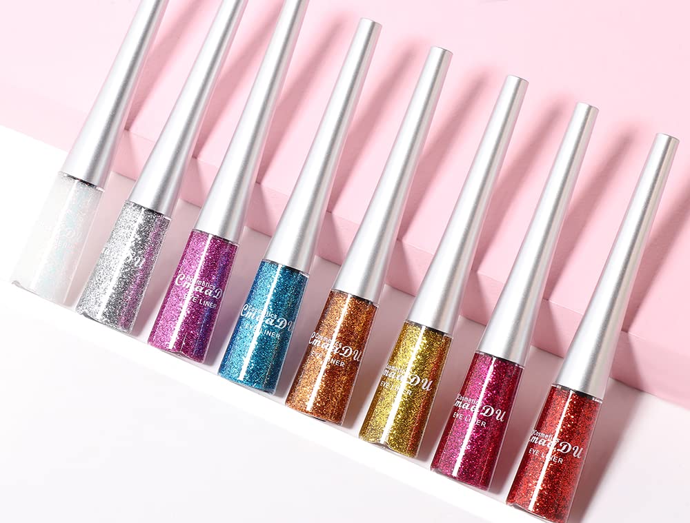 Bonnie Choice 16 Colors Glitter Eyeliner Liquid Set, Metallic Shimmer Glitter Eyeshadow, Waterproof Long Lasting White Silver Ro