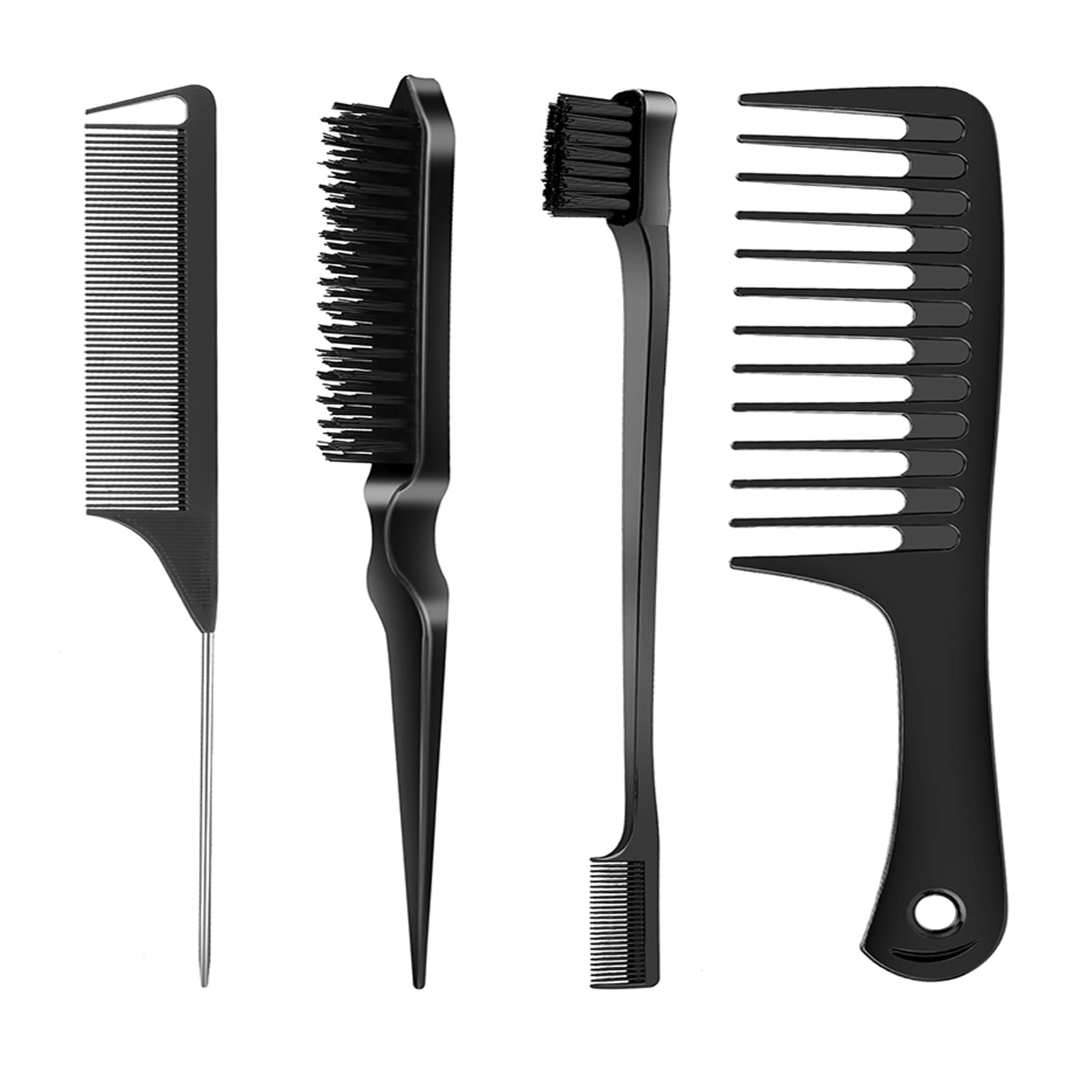 SWEET VIEW 4 Pcs Hair Styling Brush Set with 1 Pcs Edge Brush 1 Pcs Bristle Hair Brush 1 Pcs Rat Tail Comb 1 Pcs Wide Tooth Comb