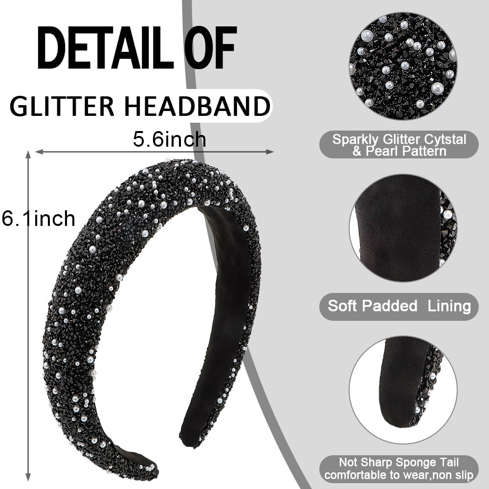 Ahoney 2 Pack Rhinestone Headband Women Girls Thick Padded Headband, Sequin Beaded Pearls Head Band Glitter Cute Headband Birthd