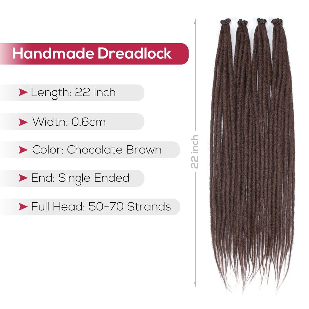 Kraler Dreadlock Extensions, 22 '' Chocolate Brown Synthetic Crochet Dreads Extensions 100% Handmade Single Ended Dreads Thin 0.
