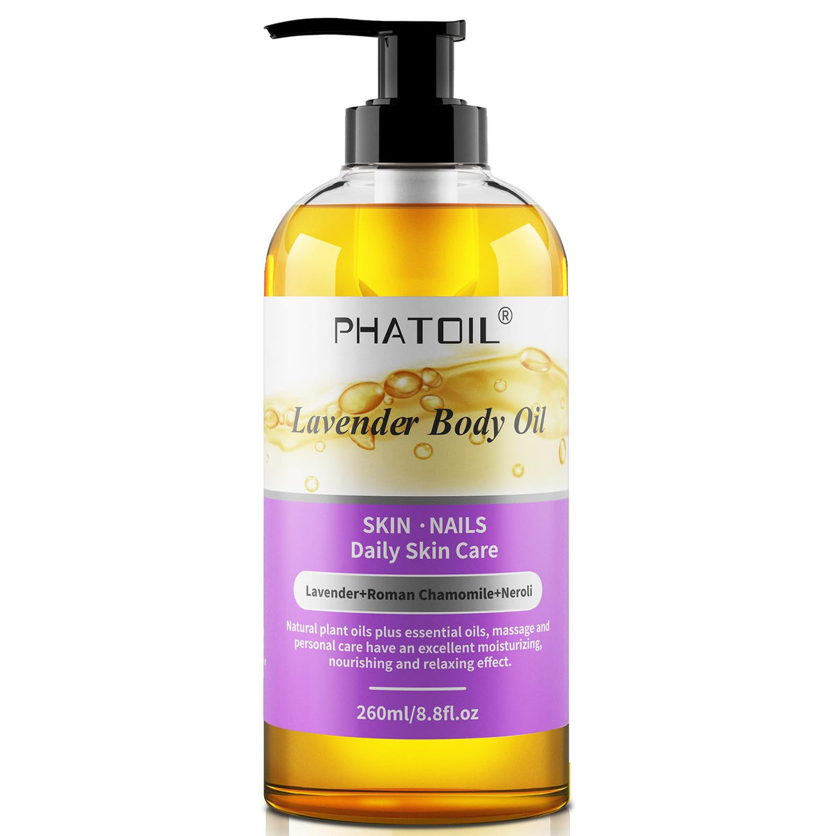 Phatoil Lavender Body Oil With Pump, 260 Ml (8.8 Fl.Oz) Premium Quality Massage Oil, Versatile Skin Care Hair Care, Blends Of Na