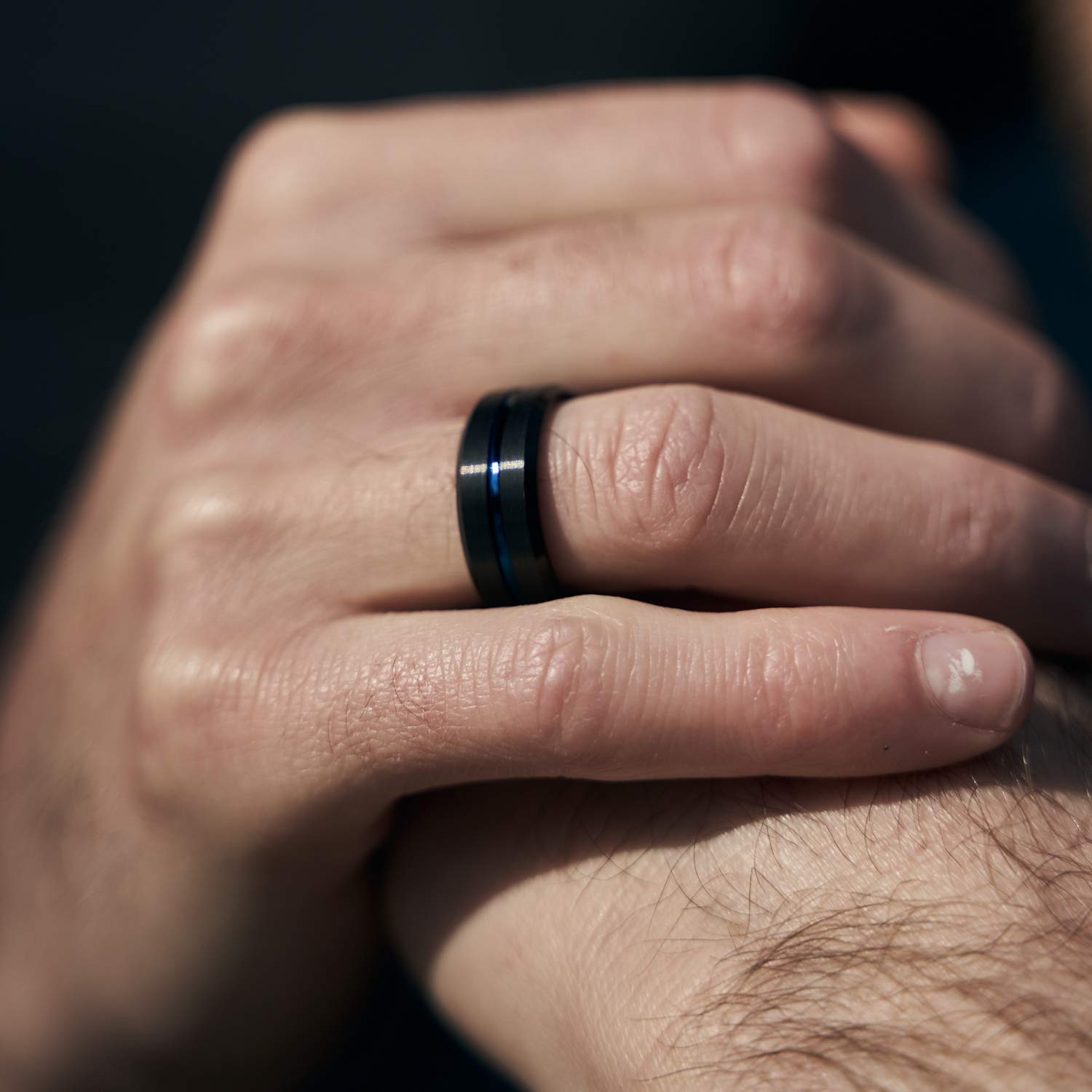 Greenpod 8mm Mens Black Tungsten Ring with Thin Blue Groove Beveled Edge Engraved I Love You Comfort Fit Size 7.5