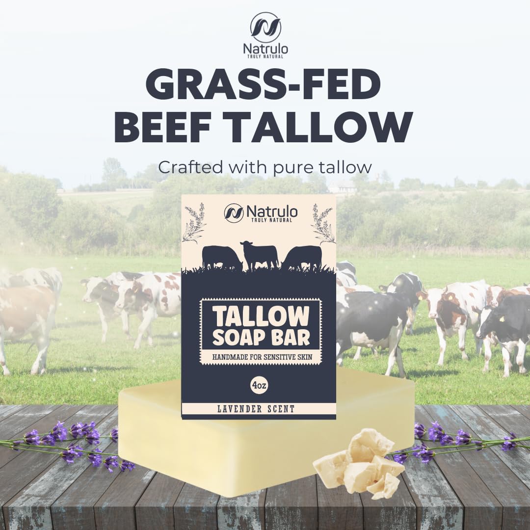 Beef Tallow Soap Bar - All Natural Grass Fed Tallow Soap Lavender - Moisturizing Face & Body Wash Great For Eczema, Dry, Itchy,