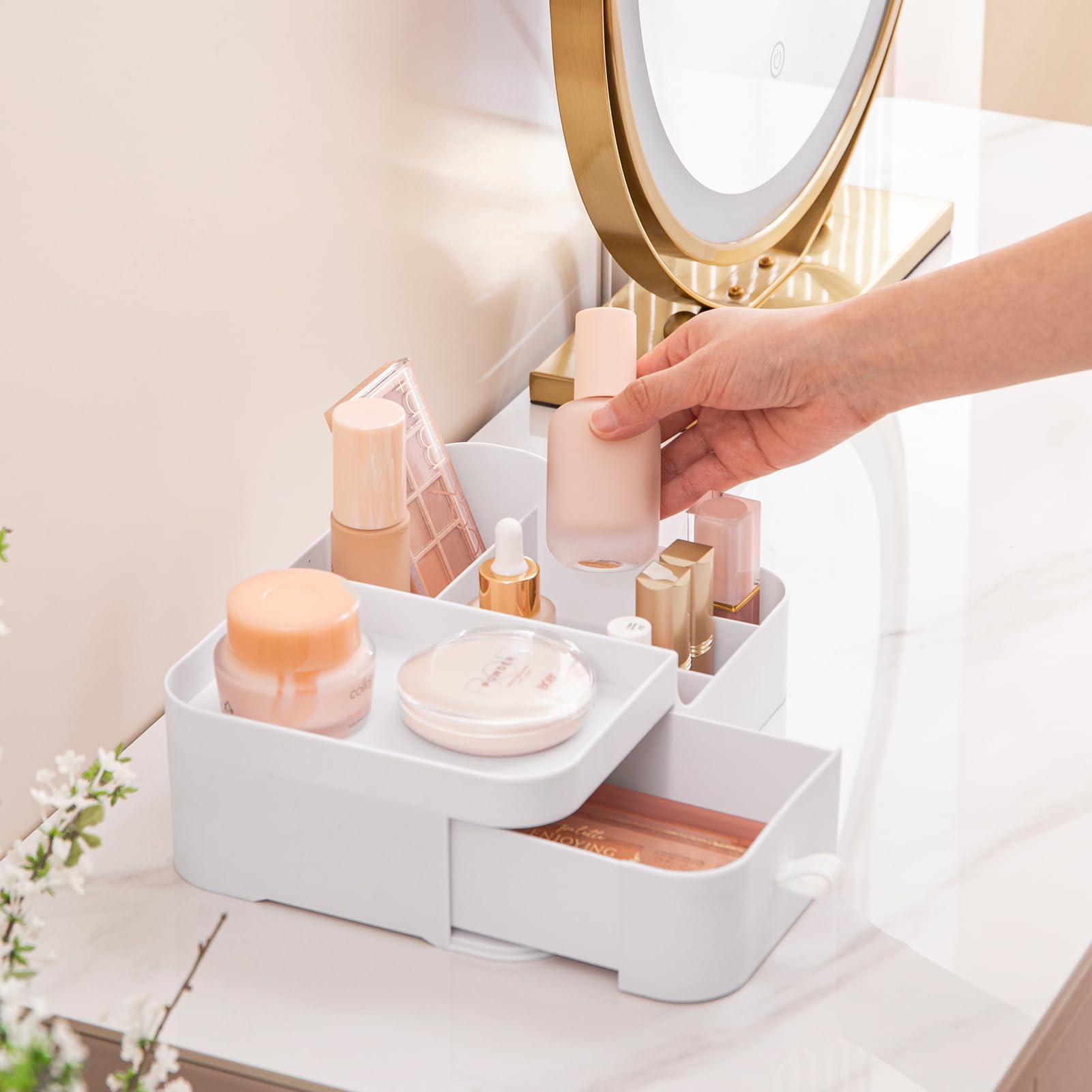 Hblife Plastic Makeup Organizer For Vanity With Drawer Large Skincare Organizers 8 Compartments Bathroom Organizer Cosmetic Stor