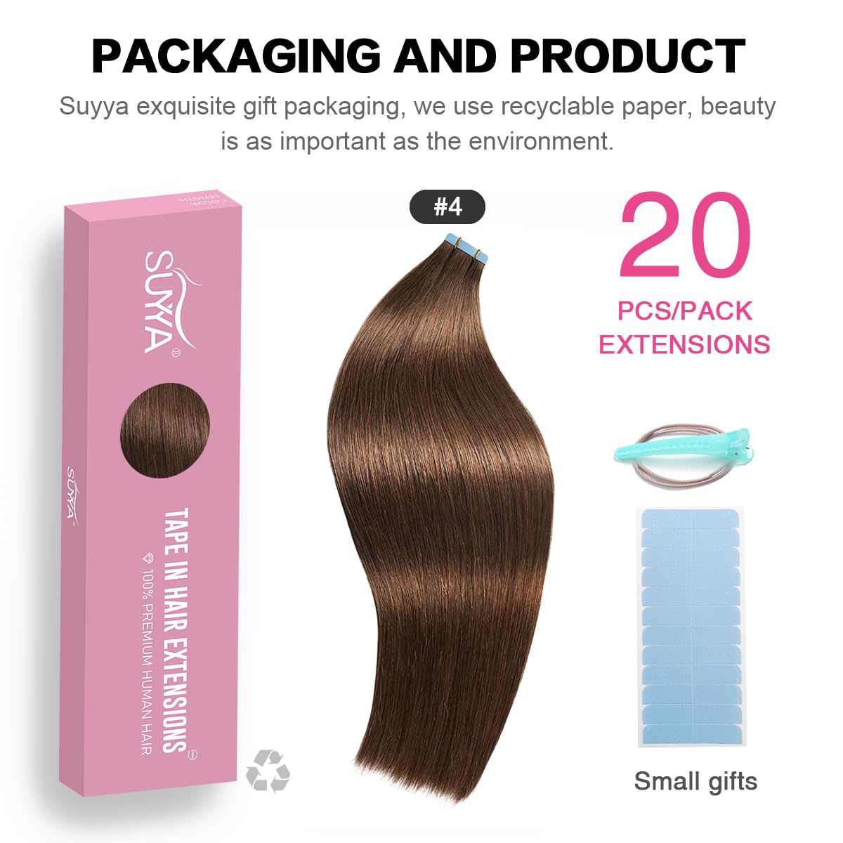 Suyya Tape In Hair Extensions Human Hair 100% Remy Human Hair 50G/Pack 20Pcs Straight Seamless Skin Weft Tape In Human Hair Exte