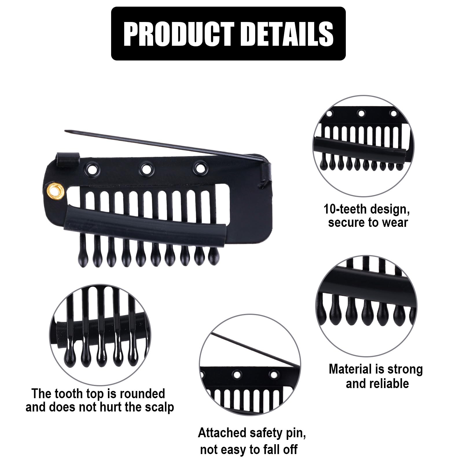 12pcs Wig Clip with Safety Pins, 10-Teeth Hair Extension Snap Clips in Invisible Strong Wig Combs to Secure Wig no Sew Chunni Gr