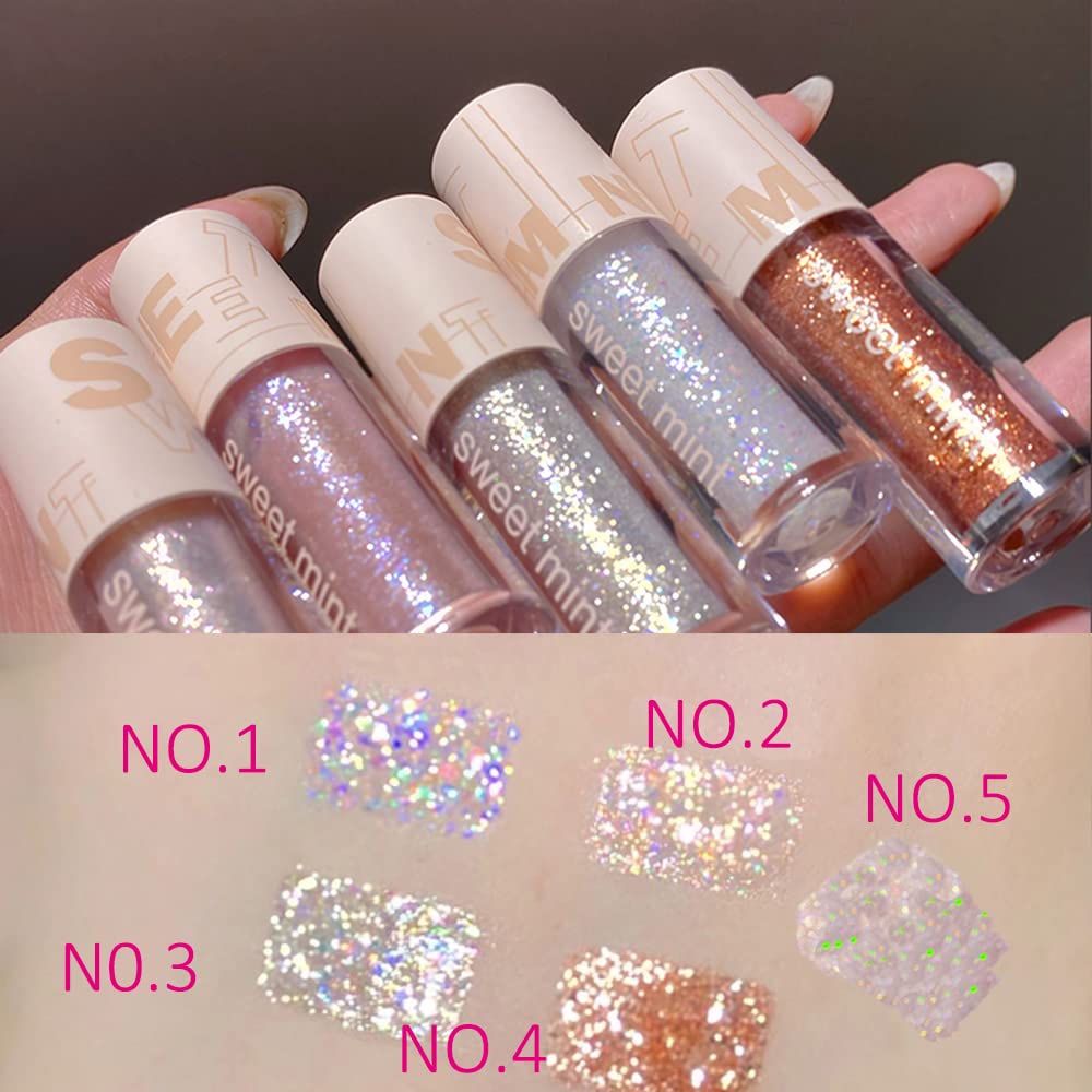 Aolailiya 5Pcs Liquid Glitter Eyeshadow Set- Sparkling Metallic High Pigmented Glitter Eye Shadow Korean Crystals Makeup, Quick