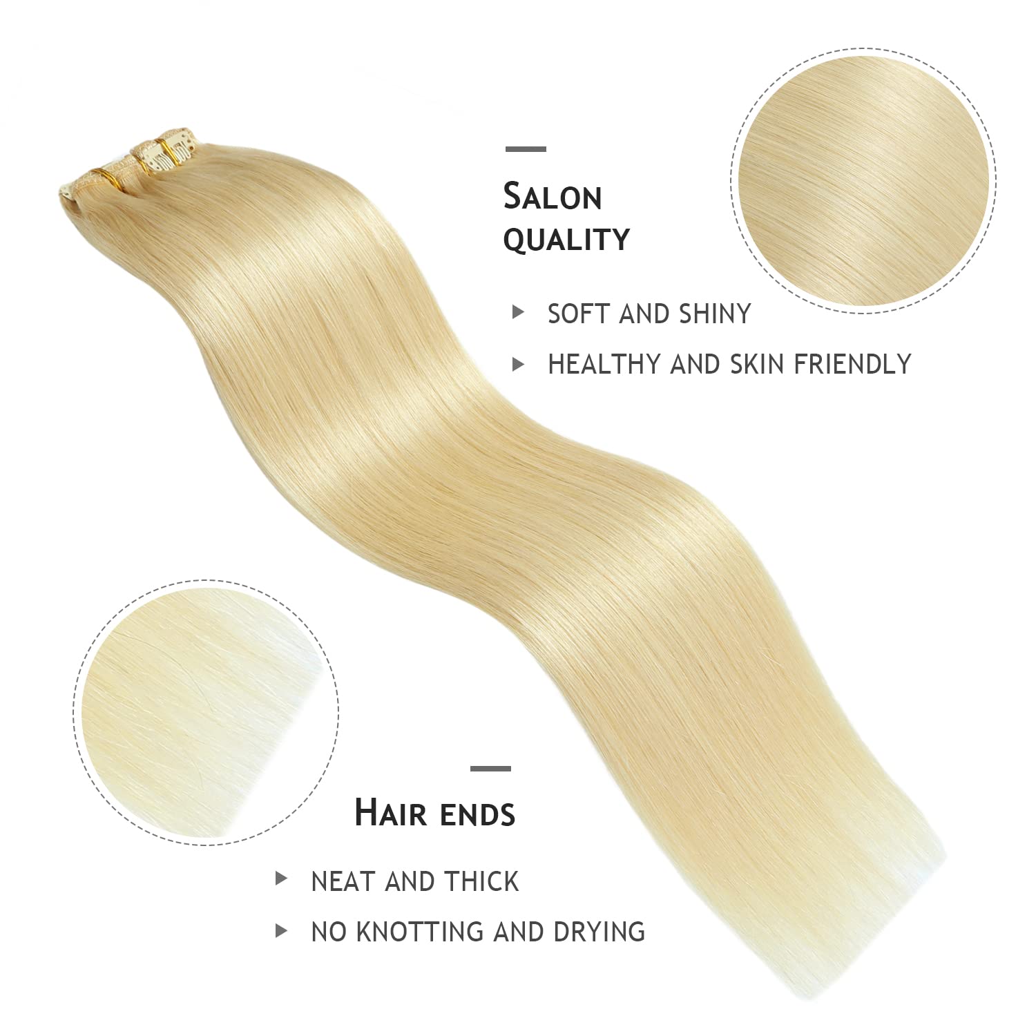 YILITE Clip-in Hair Extensions - Real Human Hair, Bleach Blonde, 110Gram, 8Pcs, 18 Clip, Full Head, Double Weft, Invisible, Stra