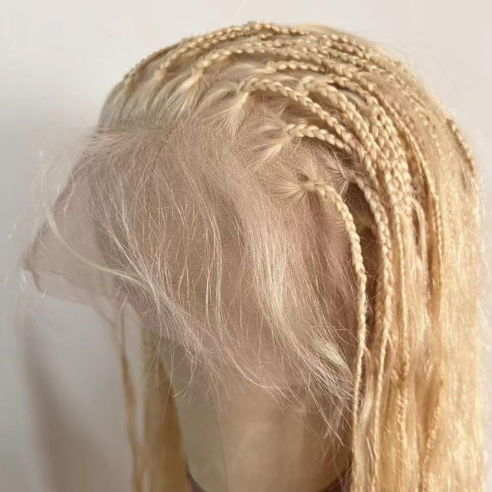 FlowerSeason Human hair #613 Color Boho Box Braids Wig 100% Human Hair BLonde Braided Wig Full Lace Long Square Parted Knotless