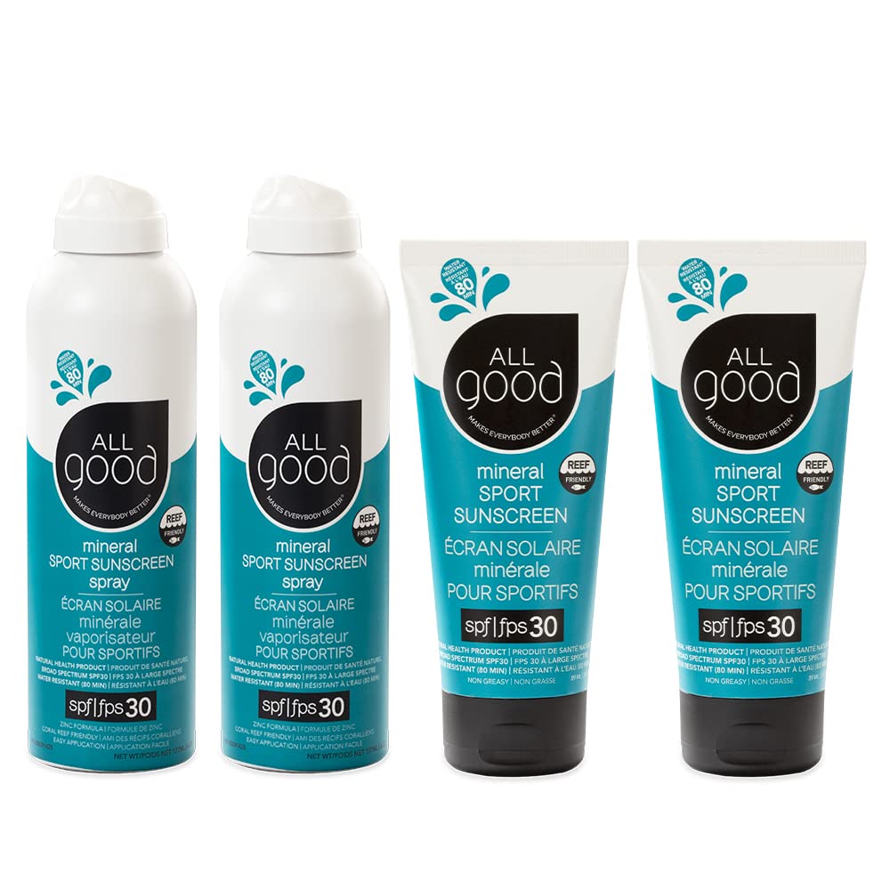All Good Sport Face & Body Sunscreen  UVA/UVB Broad Spectrum, Water Resistant, Coral Reef Friendly  30 SPF Sunscreen (2) Spray
