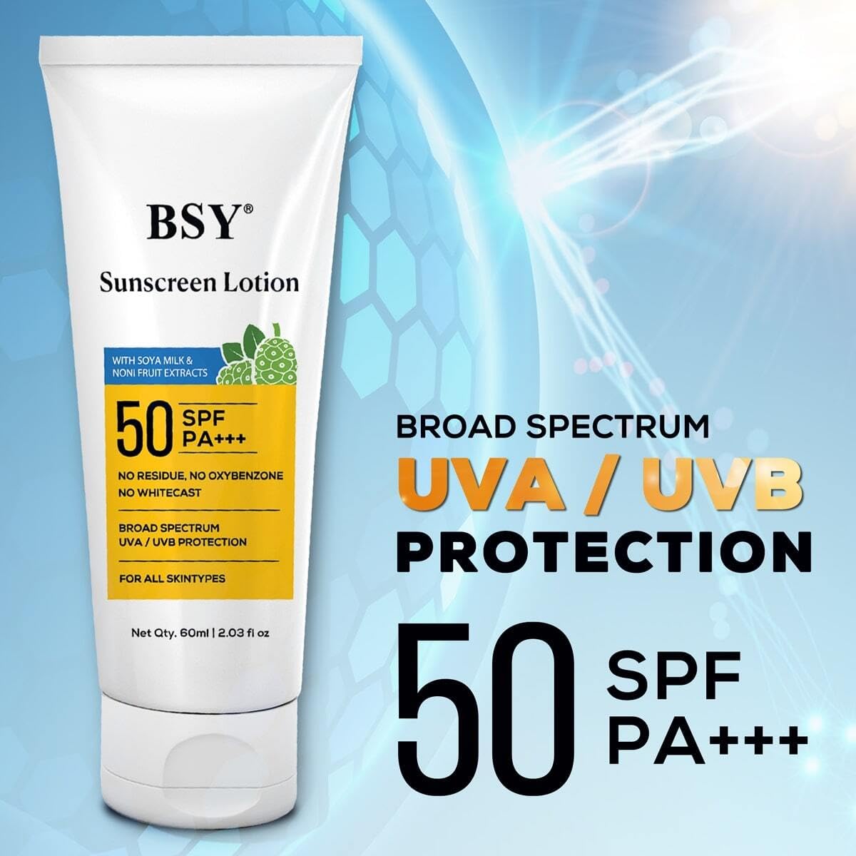 BSY Noni Sunscreen Lotion SPF 50 PA+++ (2.03 fl oz) | Infused with Noni & Soy Milk Extracts | Mineral Sunscreen with No White Ca