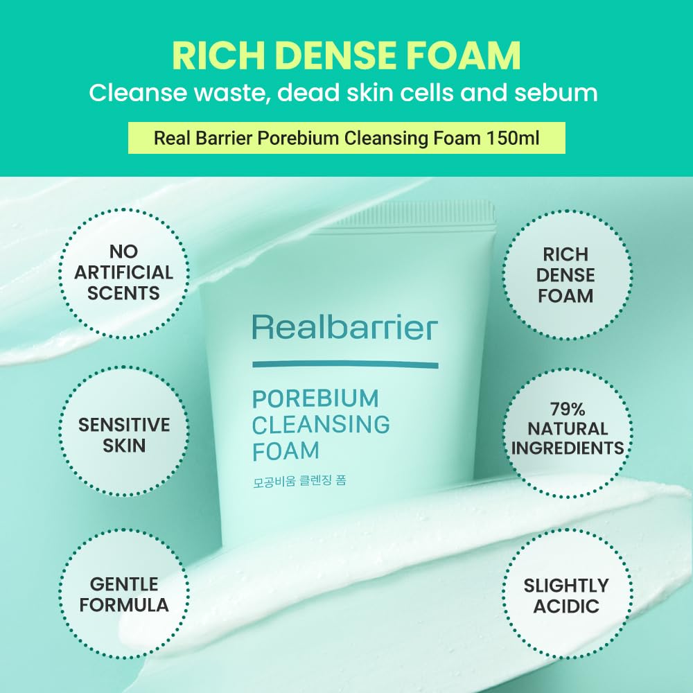 Real Barrier Porebium Cleansing Foam,150ml,5.07 Fl Oz, Rich Dense Bubble Cleanser & Exfoliator for Sensitive Skin, Sebum Oil Con