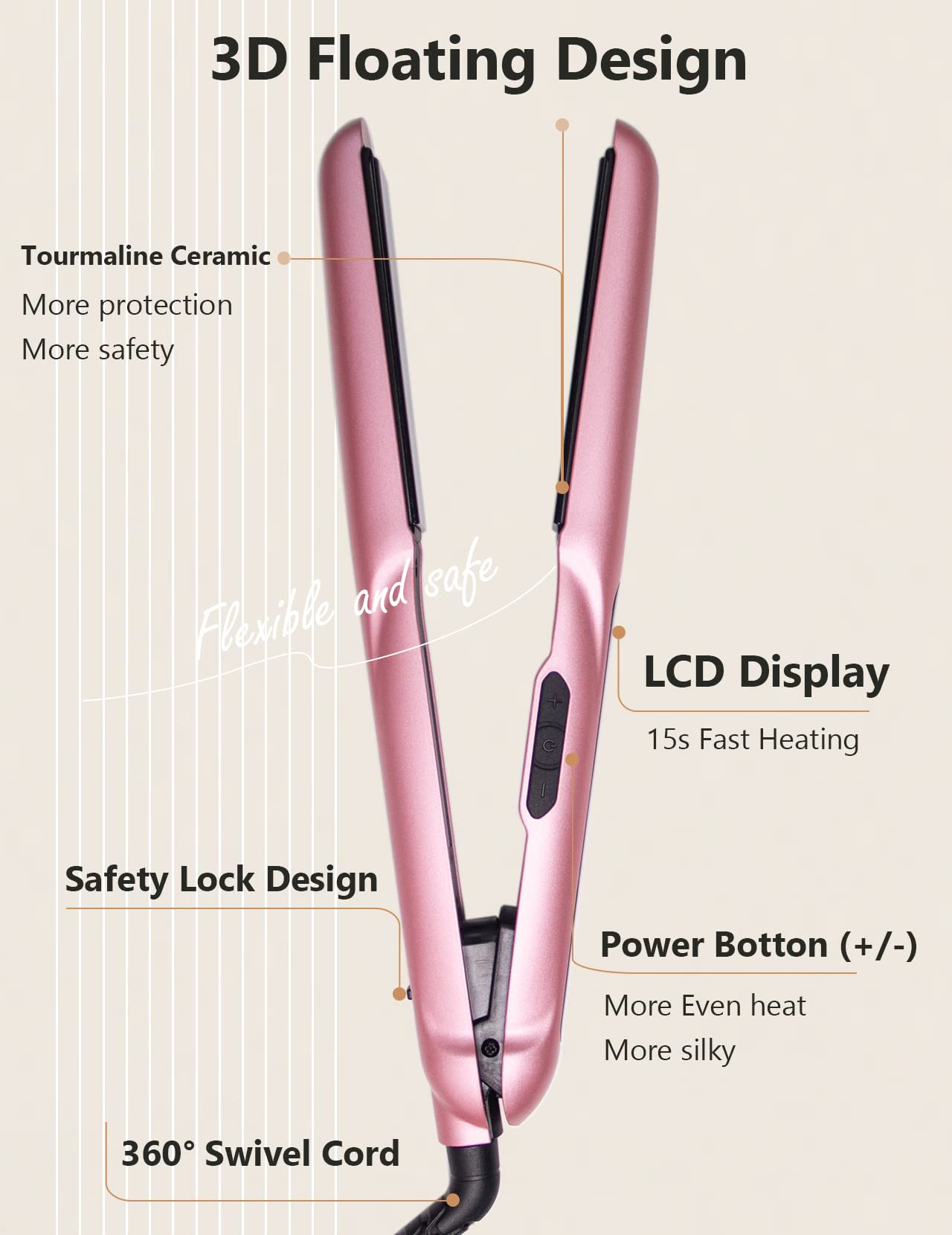 ANGENIL Argan Oil Flat Iron for Women, Hair Straightener and Curler 2 in 1, Professional Portable Ceramic Pink Hair Straightener