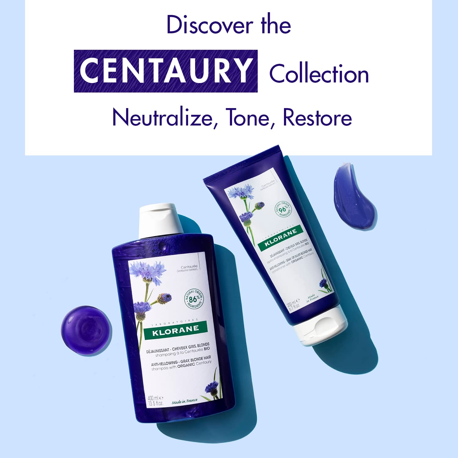 Klorane Plant-Based Purple Conditioner with Centaury, Brightens Blonde, Platinum, Silver, Gray or White Hair, Neutralizes Unwant