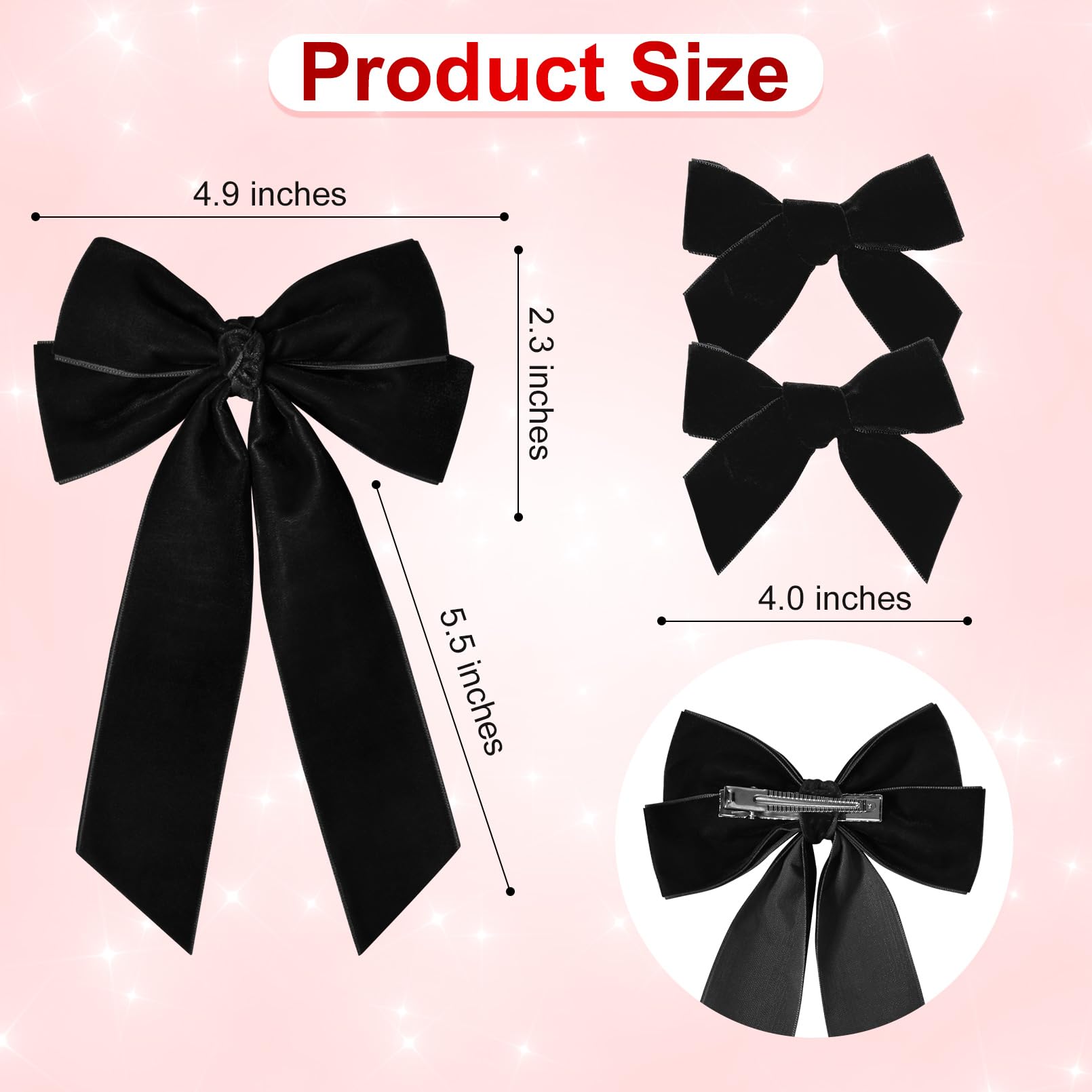 3 Pcs Velvet Bows Hair Clip Ribbon Black Accessories Ponytail Holder Hair Bow For Women Girls Toddlers Teens Kids
