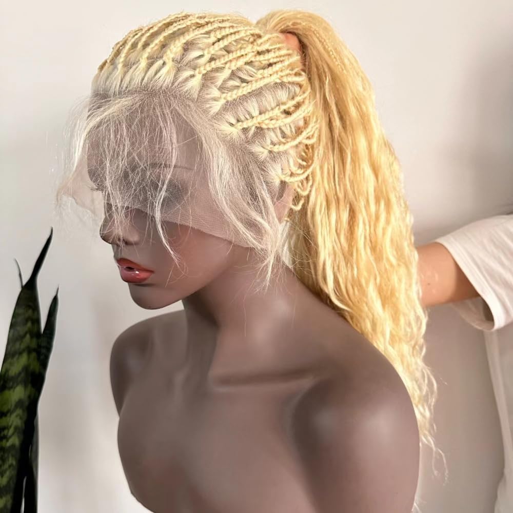 FlowerSeason Human hair #613 Color Boho Box Braids Wig 100% Human Hair BLonde Braided Wig Full Lace Long Square Parted Knotless