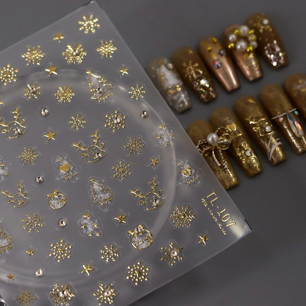 Christmas Nail Art Stickers 5D Embossed Gold Snowflake Nail Stickers Self-Adhesive Elk Wreath Xmas Tree Rhinestone Star Elk Nail