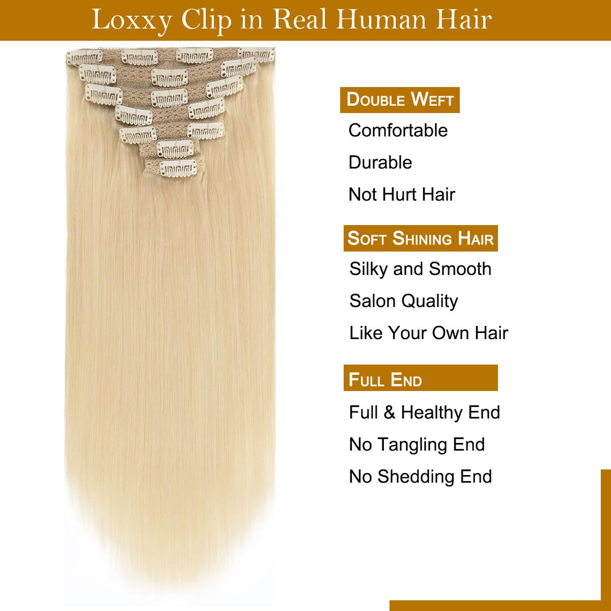 Loxxy 22 Inch Platinum Blonde Remy Human Hair Extensions Clip In Human Hair Double Weft 100% Human Hair Extension Thick Silky St