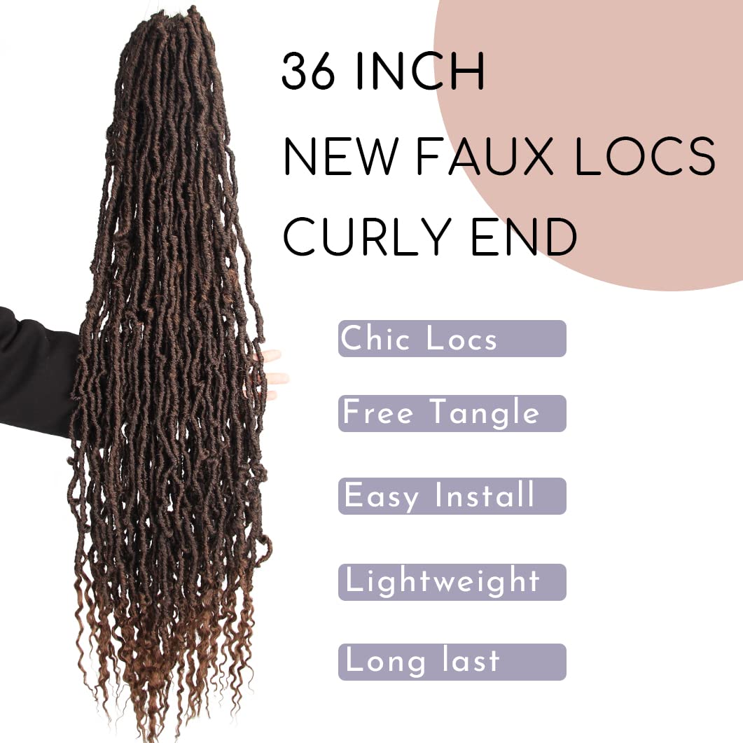 BOHOBABE 36 Inch New Faux Locs With Curly End 6 Packs Soft Locs Crochet Hair 72 Strands Long Natural Brown Crochet Braids (6Pack