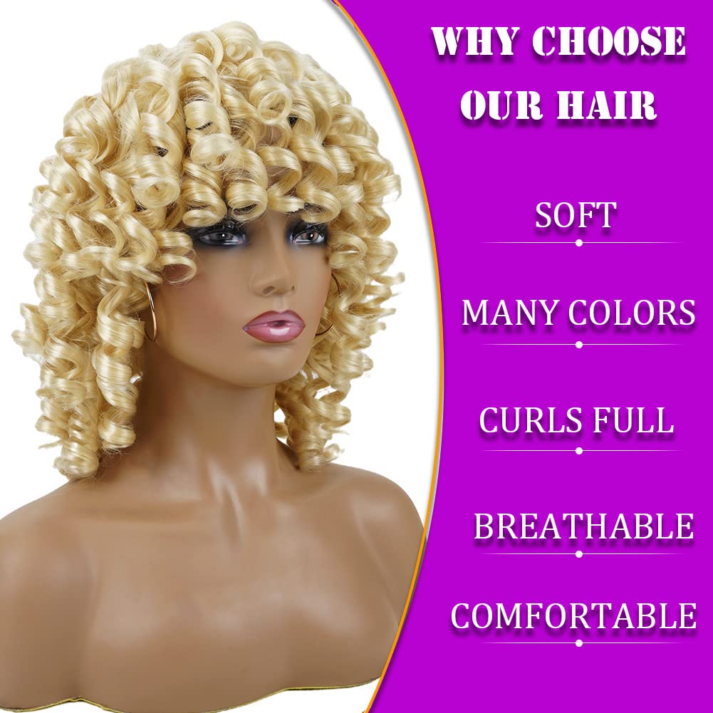 andromeda Blonde Curly Wigs for Black Women Soft Short Loose Curly Wig wiht Bangs Synthetic Kinky Hair Curly African American Co