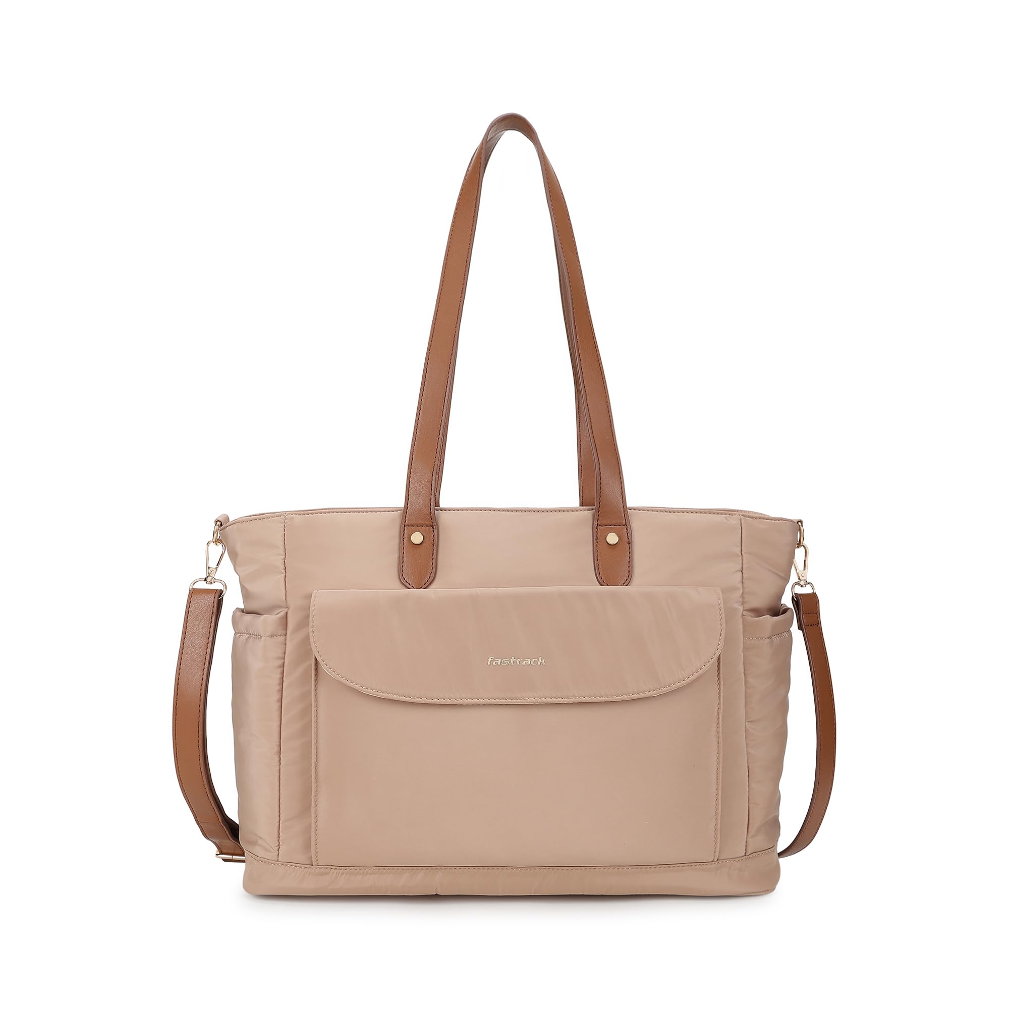 Fastrack Carryon 15 Laptop Tote Bag For Women | Beige Nylon Tote With Padded Laptop Sleeve | Spacious Tote With Organizer Pocke