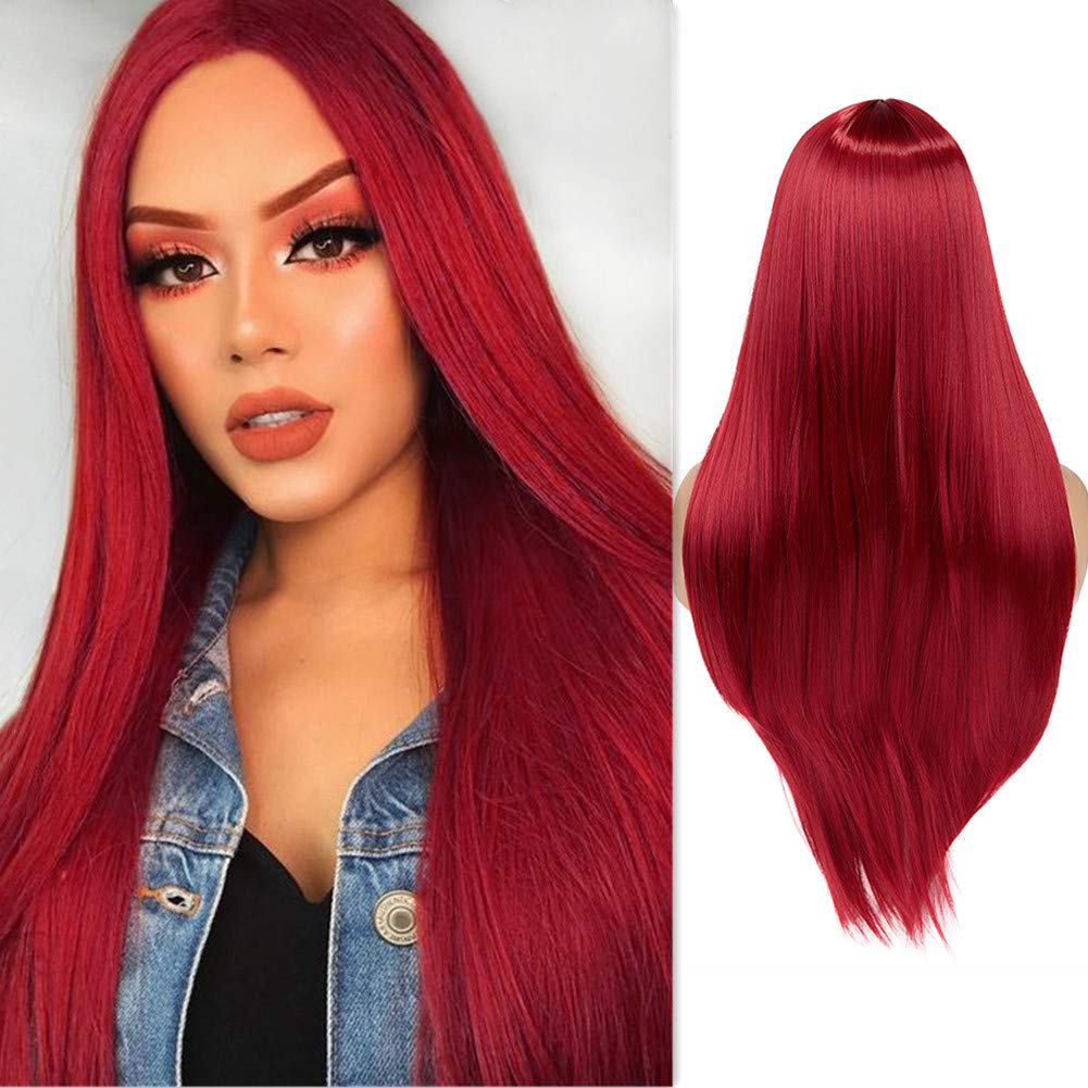 WIGER Red Wigs For Women Long Straight Red Hair Wig Middle Part Synthetic Colored Mermaid Cosplay Wig No Lace Nature Looking Gir