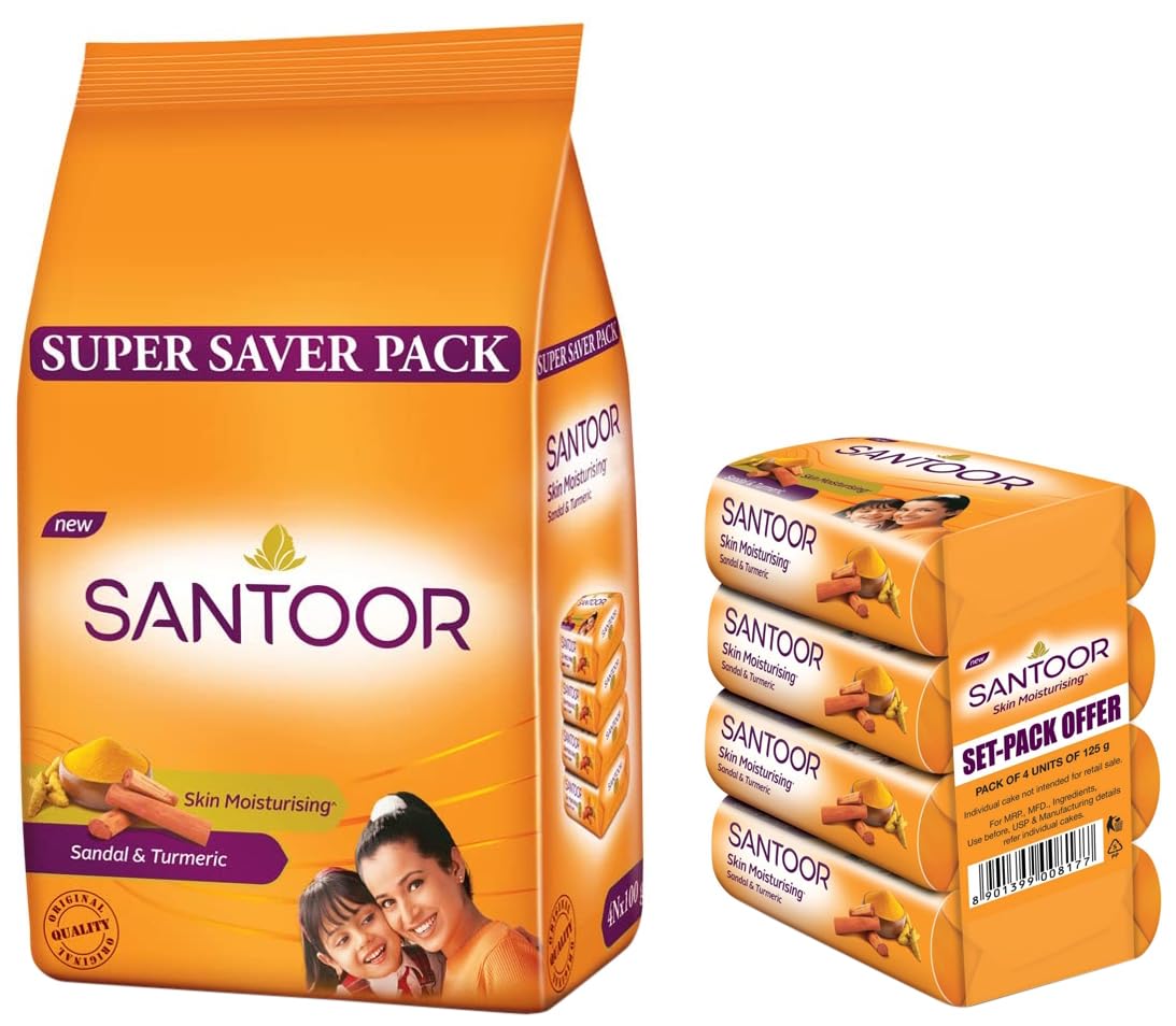 Santoor Sandal And Turmeric Soap (Pack Of 4 Soaps 125G Each) & Santoor Sandal & Turmeric Soap For Total Skin Care, 100G (Pack Of