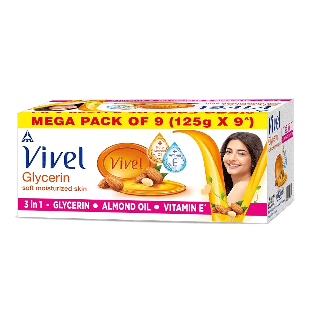 Vivel Glycerin Bathing Soap For Soft Moisturized Skin With Pure Almond Oil & Vitamin E, 1125G (125G - Pack Of 9), Soap For Women