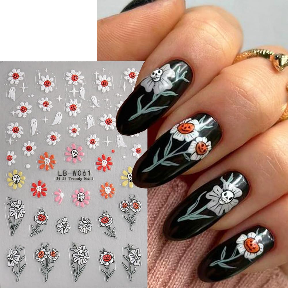 Halloween Nail Art Stickers Decals 5Pcs Halloween Cute Ghost Flower Nail Stickers Skull Strawberry Spider Flower Nail Designs 5D