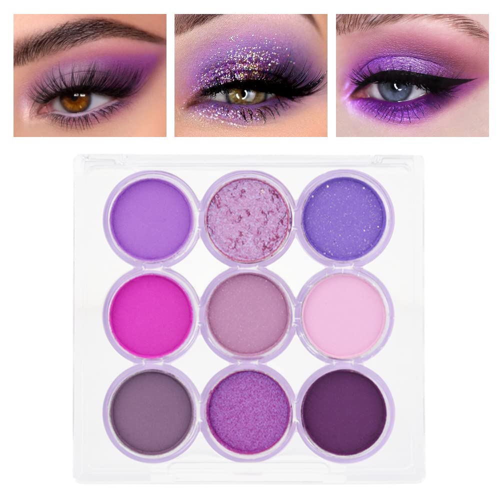 Waterproof 9 Colors Shimmer Matte Eyeshadow Palette.Longwearing Highly Pigmented Glitter Powder Palet.Matt Pink Shiny Purple Eye