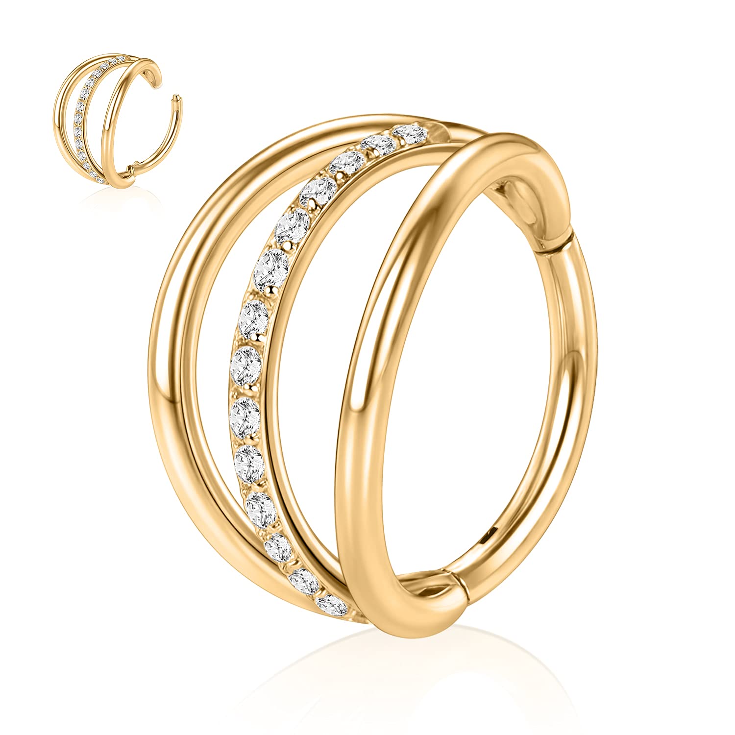PEAKLINK Conch Piercing Jewelry Cartilage Hoop Earrings 16G Triple Open Stacked with CZ Septum Ring Helix Piercing Surgical Stee