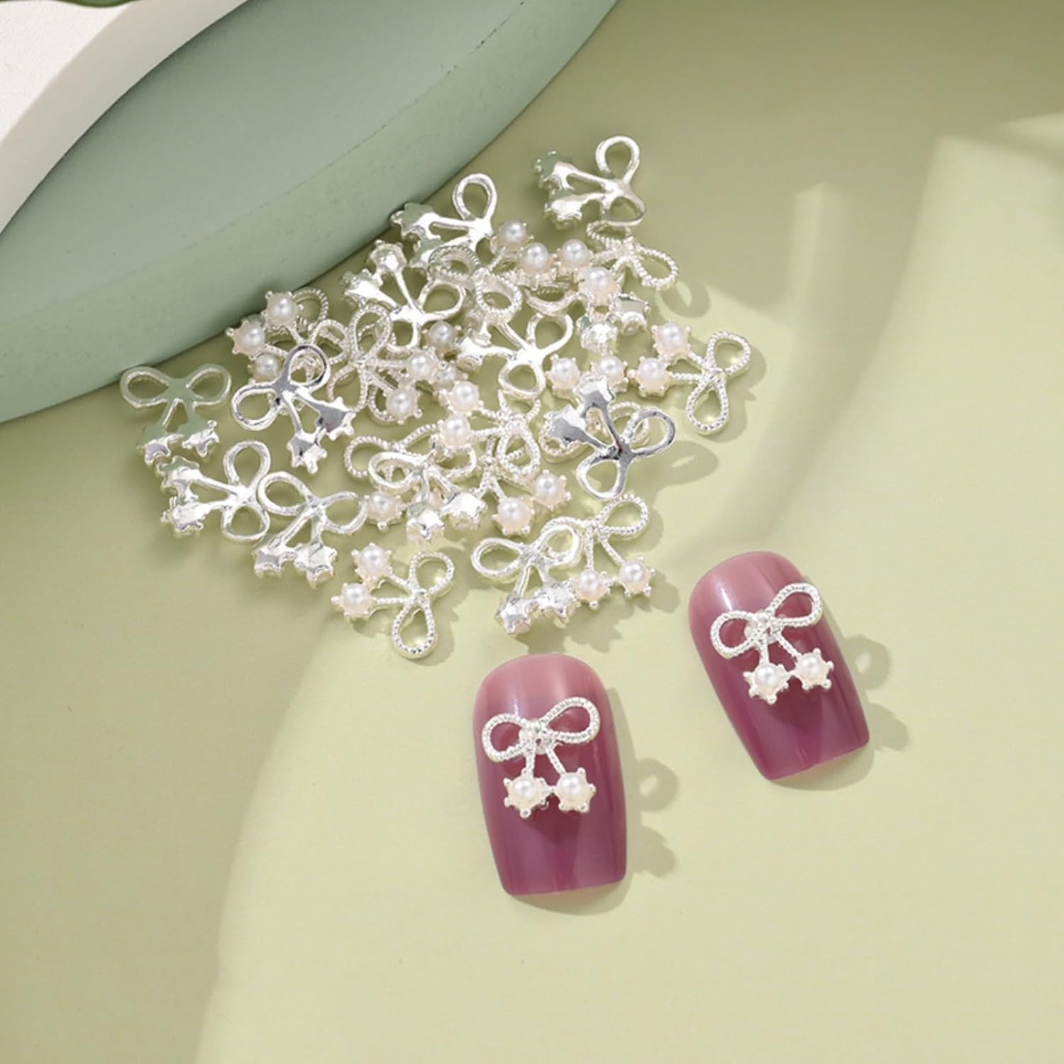 10Pcs Bow Nail Charms For Nail Art, 3D Silver Alloy Bowknot Nail Rhinestones With Pearls Design Cute Metal Crystal Nail Art Char