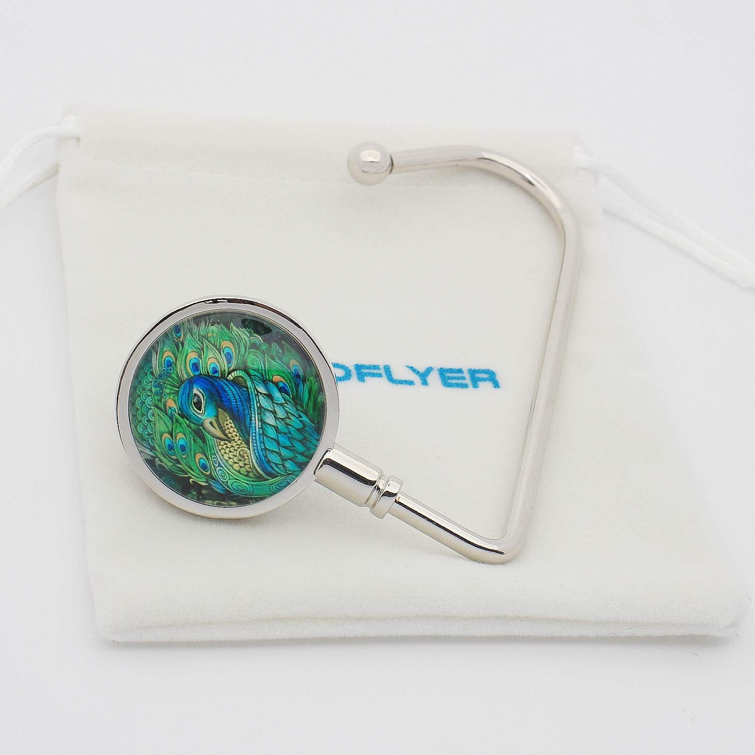 ROFLYER Purse Hook Hanger for Table Bar Long Handbag Hanger Bag Hanger with Velvet Pouch (King Peacock)