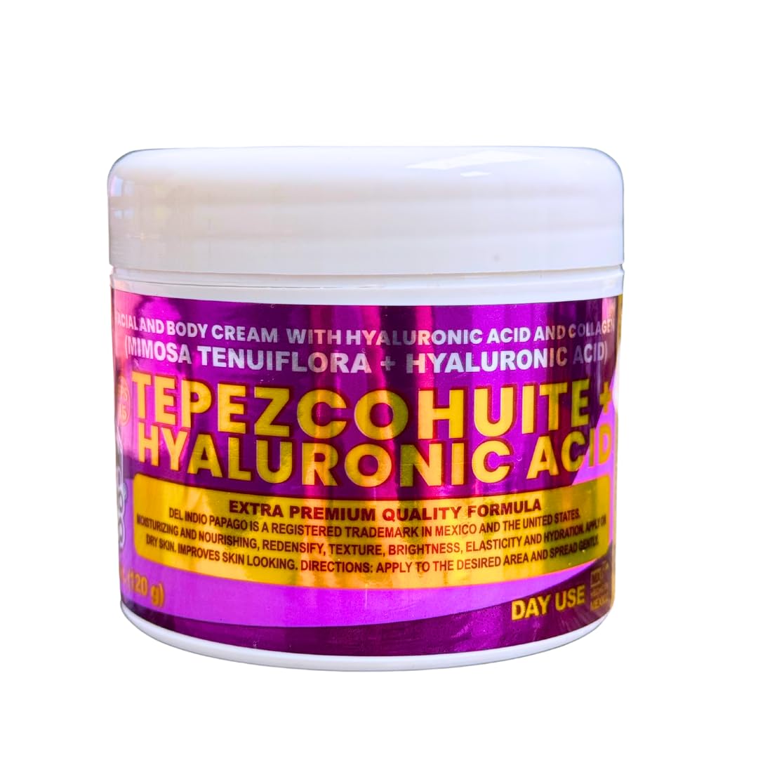 Del Indio Papago Tepezcohuite + Hyaluronic Acid Facial & Body Day Cream 120g | With Mimosa Tenuiflora, Collagen & Vitamin C | Hy
