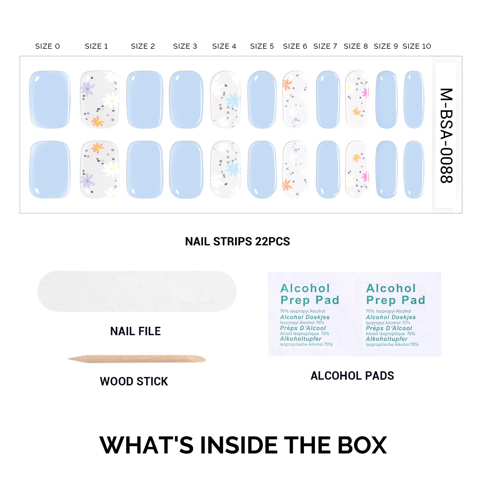 Melodysusie Qcoat Fully Cured Gel Nail Strips (Light Blue Flowers) - Uv Free Nail Polish Strips, Salon-Quality, Long Lasting Gel