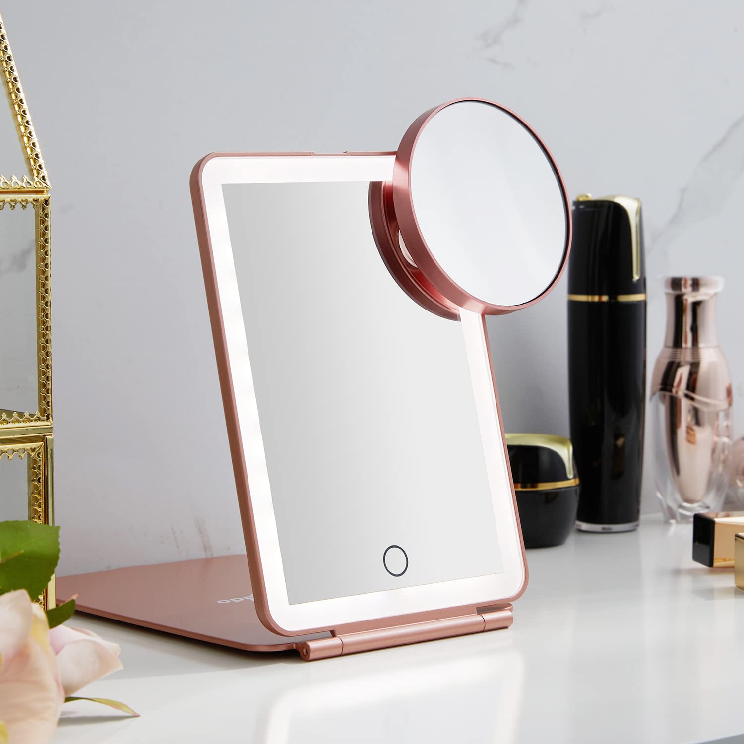 LED Foldable Travel Makeup Mirror - 5x7 inches 3 Colors Light Modes USB Rechargeable Touch Screen, Portable Tabletop Cosmetic fo