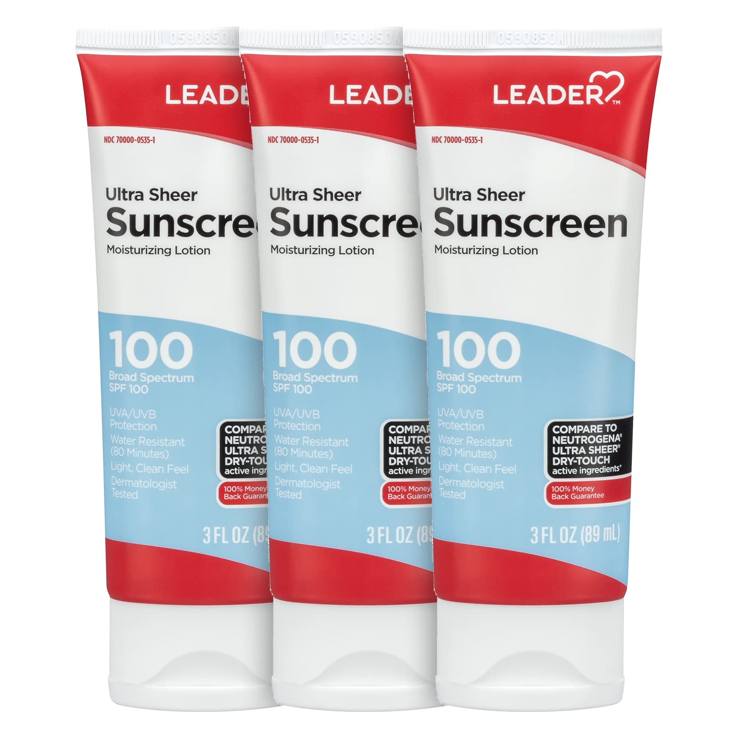 Leader Travel Sunscreen SPF 100+, Ultra Sheer DryTouch Water Resistant and NonGreasy Lotion with Broad Spectrum SPF 100+, 3 Fl