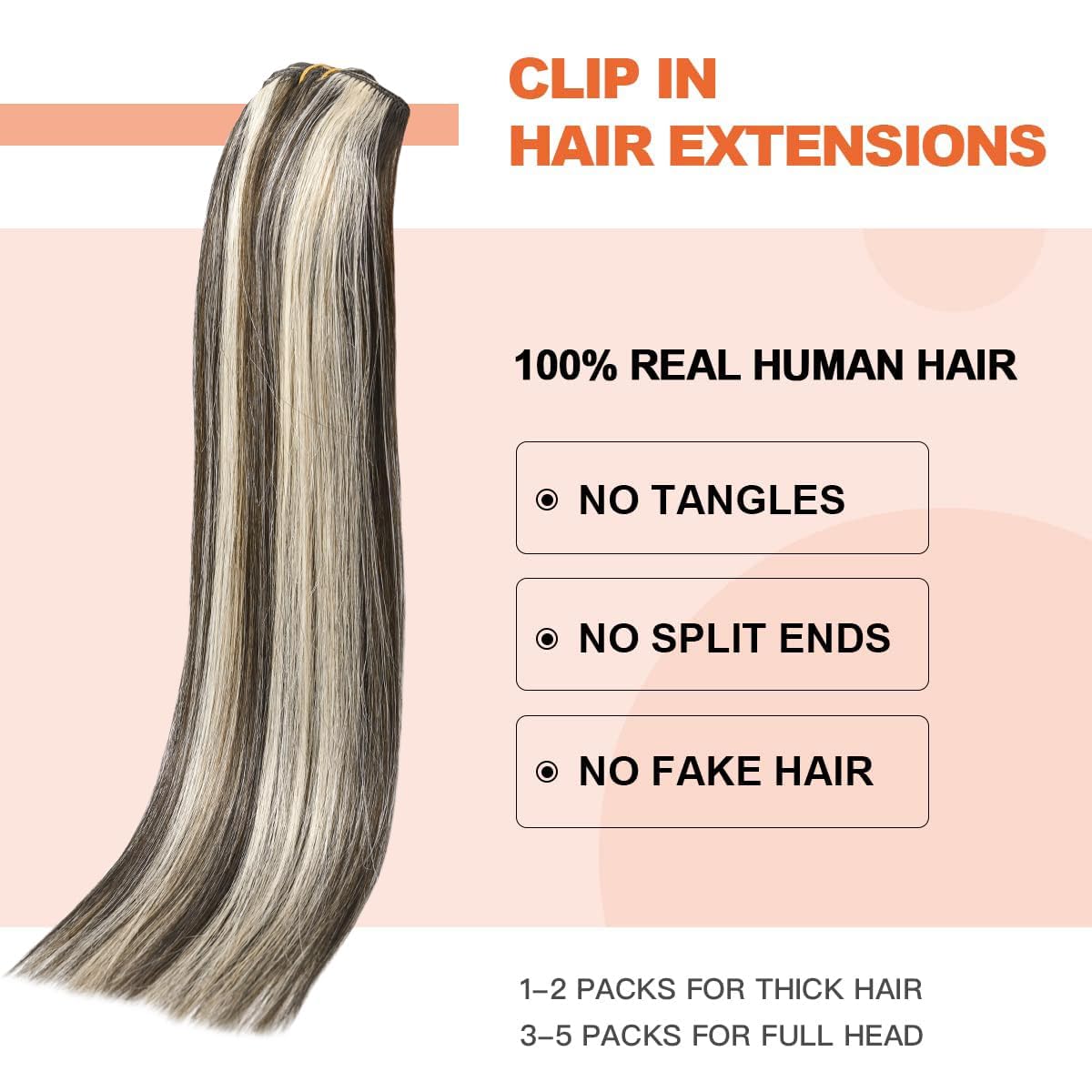 Ugotrays Brown Hair Extensions Clip Ins, Dark Brown Mixed Bleach Blonde Highlight Hair Extensions, 22 Inch 70G 7Pcs Straight Rea