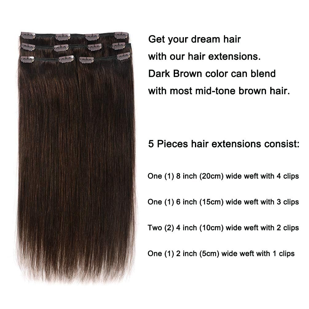 5 Pieces 22'' Remy Clip In Hair Extensions Human Hair Dark Brown - Beauty Silky Straight Long Thick Real Hair Extensions For Wom